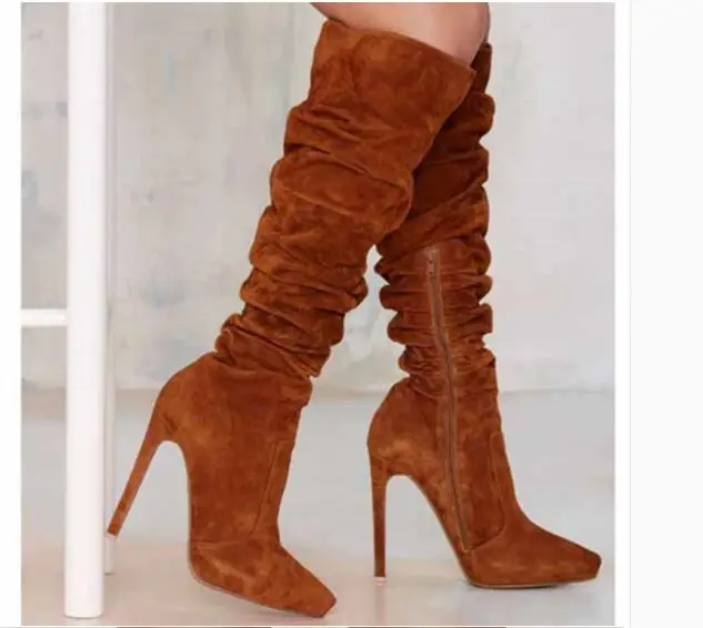 

Western Winter Brown Long Thin High Heels Sexy Designer Boots Woman Pleated leather Over The Knee Female Shoes Bota Feminina