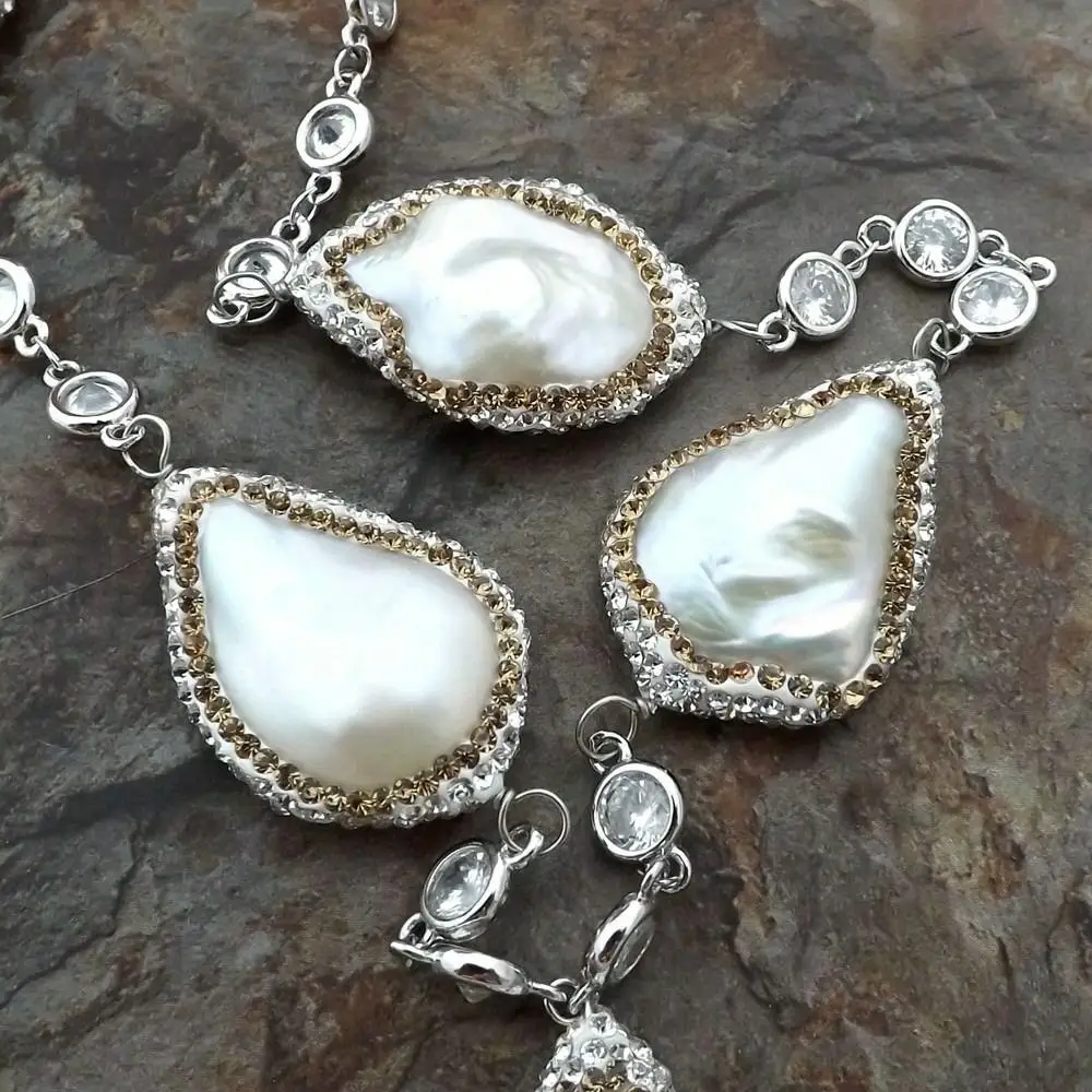 

19" White freshwater Keshi Pearl cubic zirconia micro pave silver color plated Chain Necklace for women