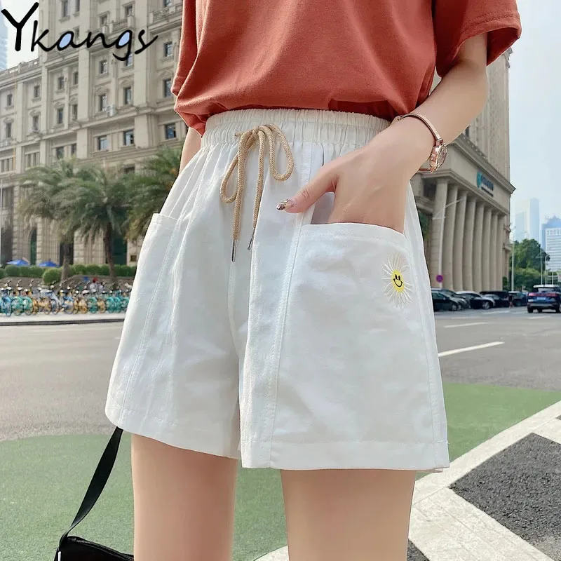 Plus Size Embroidered Elastic Waist Sports Shorts Summer Breathable Women Wide-leg Shorts Korean School Style High Waist Shorts