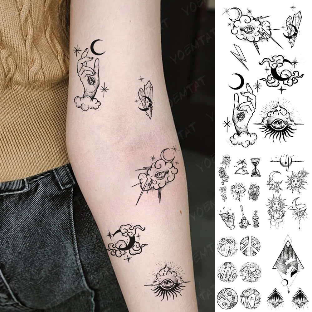 Pegatina de tatuaje temporal impermeable para niños, pegatina de tatuaje temporal para ojos, relámpago, luna, estrella, tatuaje brillante, línea de arte corporal, tatuajes falsos para hombre y mujer