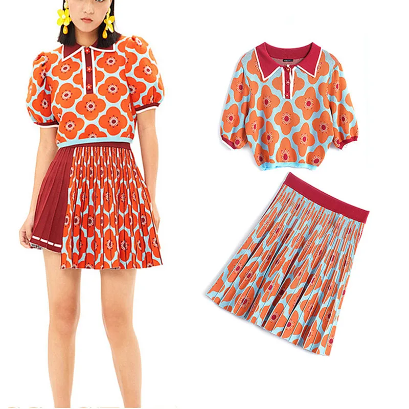 

High Quality Knitted Women Skirt Suit Summer Designer Daisy Floral Vintage Tops Blouses And Spliced Pleated Skirt TwinSet NS276