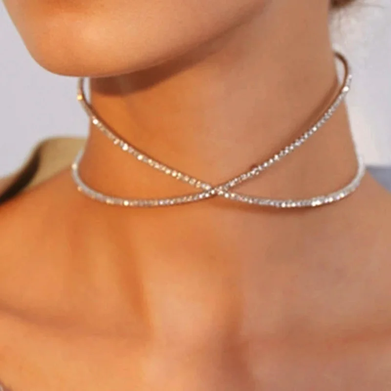 Stonefans Full Rhinestone Cross Collar Choker Necklace for Women Fashion Elastic Opening Choker Torques Necklace Jewelry Gift