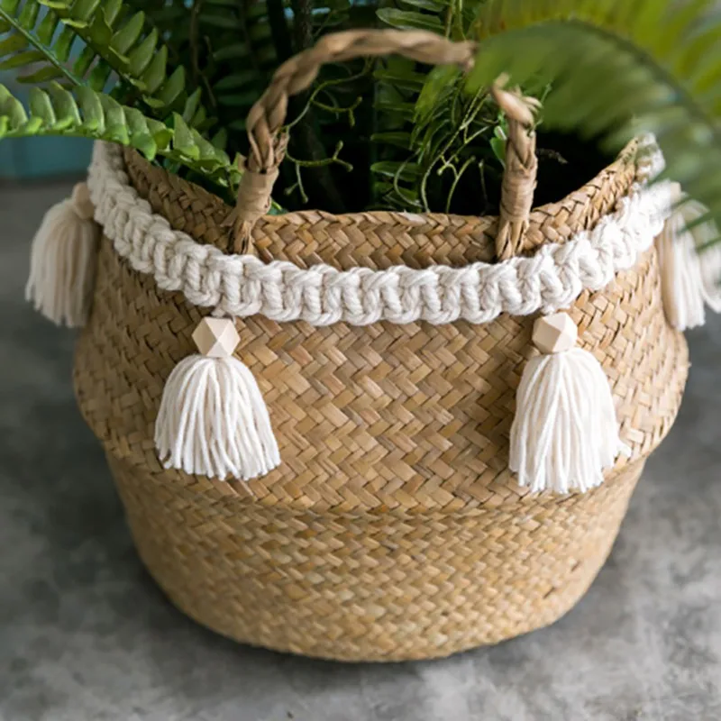 Handmade Woven Tassel Garland Decor For Rattan Woven Basket Bohemian Macrame Wooden Beads Ornaments Home Wall Hanging Decoration