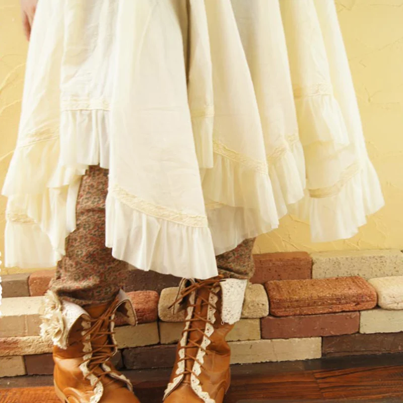 Harajuku Mori Girl Sweet Pleated Skirt Women Solid Color Irregular Cotton Lace Layer Hem Knee Length Female Lovely Skirts A040