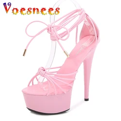 Voesnees Sexy Strip Pole Dance Women Shoes 2021 Summer Sandals 15cm Platform High Heels Female Stiletto Cross Straps Party Shoes