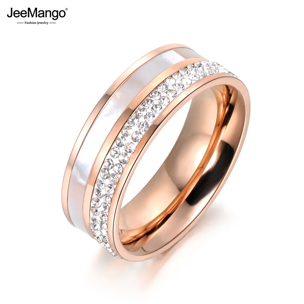 JeeMango Rose Gold Color Rhinestone & Shell Wedding Rings Jewelry 316L Stainless Steel Engagement Ring For Women Gift JR18050