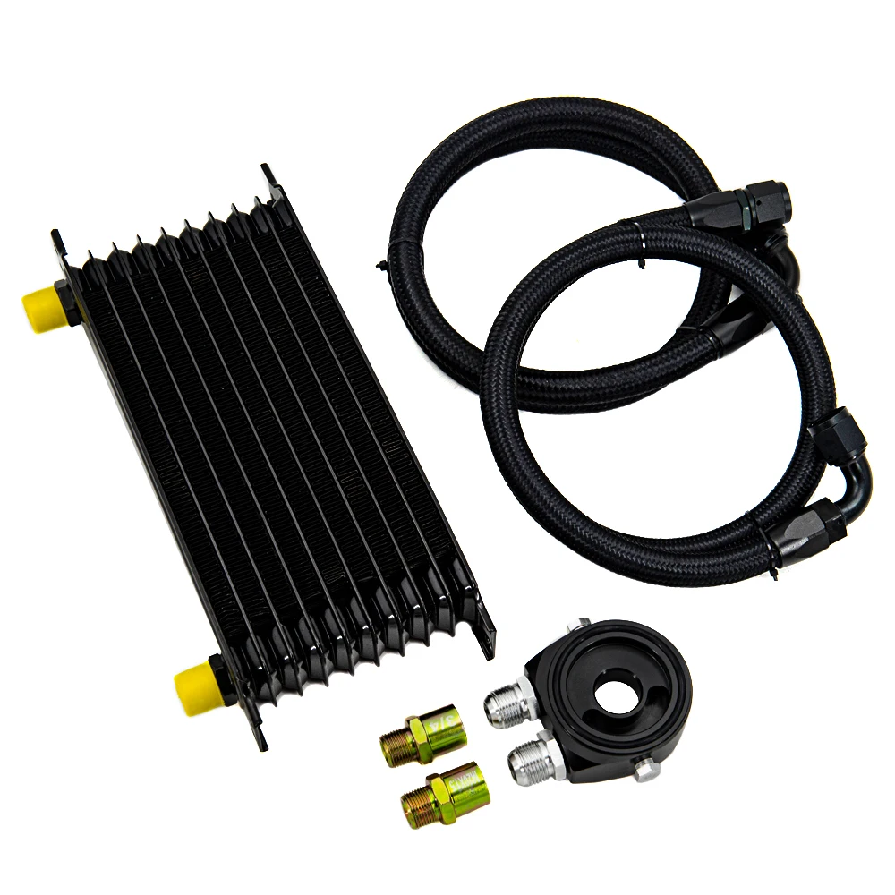 

10 Rows Oil Cooler Kit AN10 Transmission Oil Cooler Kit Oil Filter Adapter With Nylon Stainless Steel Braided Hose