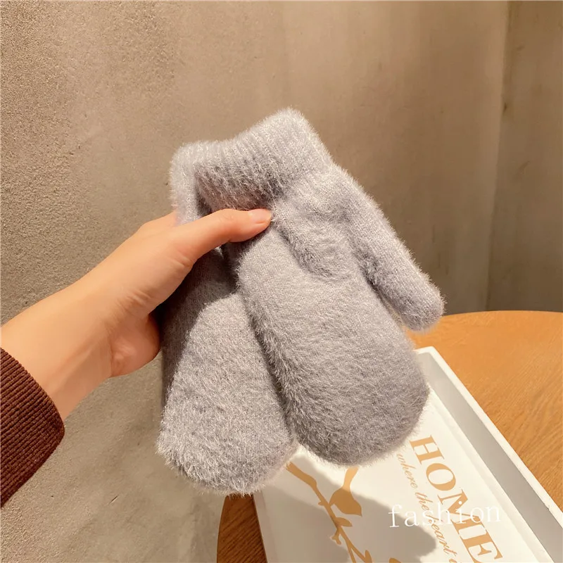 Simple Style Knitting Wool Plus Velvet Thicken Full Finger Women Winter Mittens Gloves Hairy Cute Lovely Sweety Keep Warm Soft