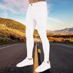 Pantalones vaqueros rasgados blancos para hombre, Jeans ajustados, elásticos, de cintura elástica, a la moda