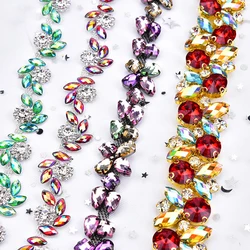 New High Quality 1 Yard/Lot Rhinestone Trim Mix Color Crystal Flower Chain Wedding Decoration Sew On Garment DIY Accessories