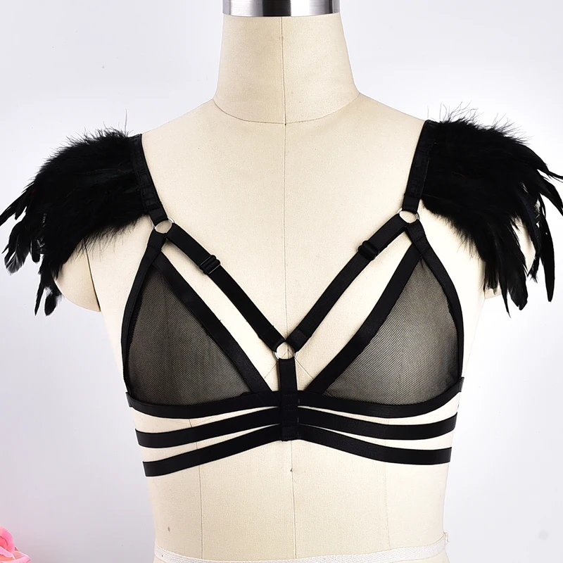 Black Gauze Feather Epaulets Harness Bra Angle Wing Top Cage Chest Lingerie Punk Pastel Gothic Burning Pole Dance Clothing