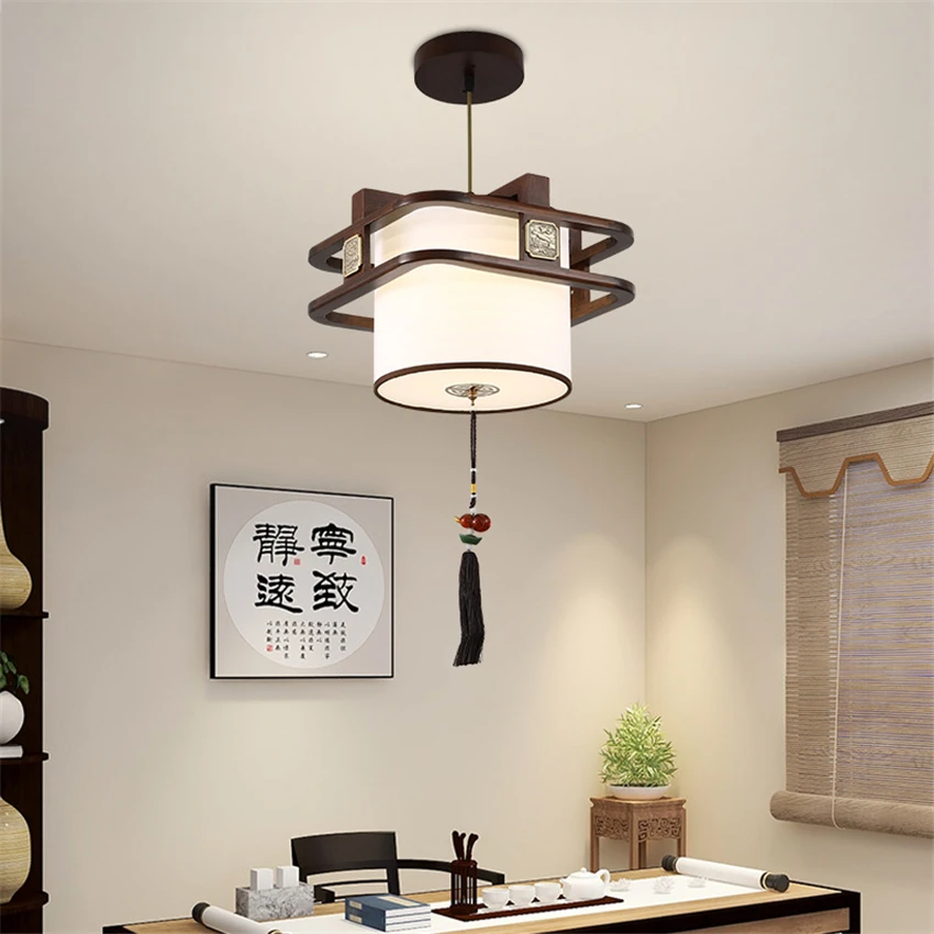 New Chinese wood lantern pendant lights study living room restaurant led dining room table PVC lampshade hanging lamps lighting