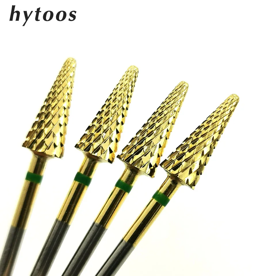 

HYTOOS Gold Carbide Nail Drill Bit 3/32" Cone Milling Cutter For Manicure Rotary Tungsten Carbide Burr Drill Accessories Tool