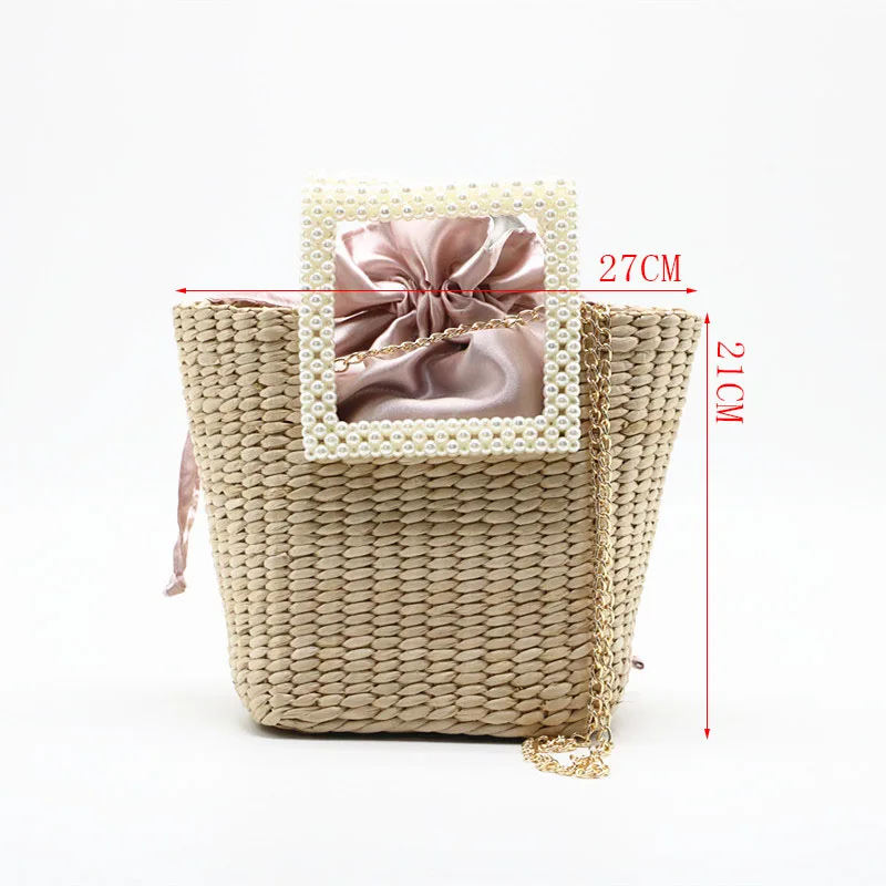 Pearl Designer Women\'s Bag Handmade Woven Handbag Summer Straw Beach Bag Bohemia Female Rattan Chain Shoulder Messenger Bag Tote