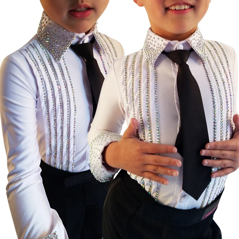 Latin Dance Top Boys Shiny Rhinestone Lapel Shirt Children Competition Performance Ballroom Cha Cha Rumba Samba Salsa DNV12079