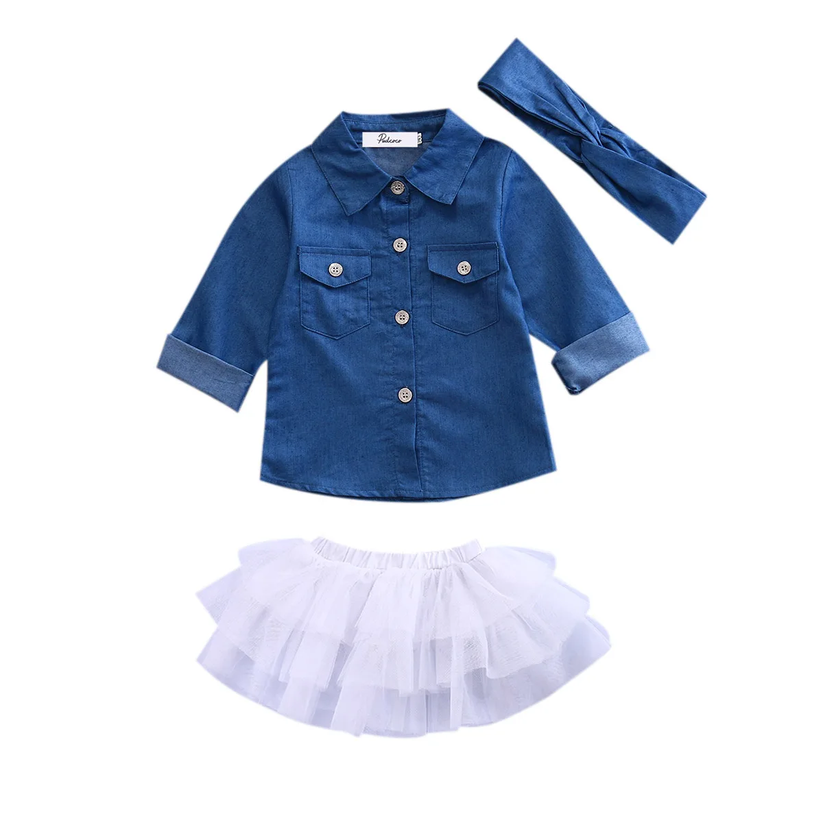 3pcs Kids Baby Girl Long Sleeve Denim Shirt Clothes+Lace Tulle Skirts Headband Outfits Set