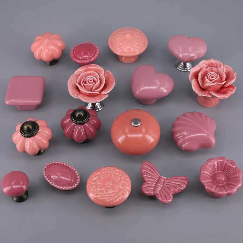 1PC Ceramic Dresser knobs Pink/rose red Cabinet Drawer Door Cupboard Pull Knobs Handles Children\'s Room Closet Handles