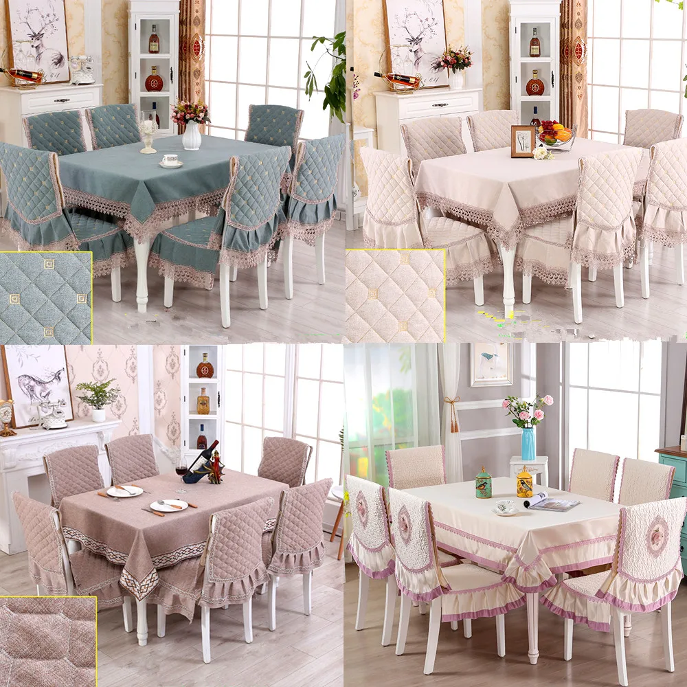 

High-grade European Solid Color Table Cloth 1PCS Tablecloth 6PCS Chair Cover Modern Minimalist Non-slip dining Table Chair Set