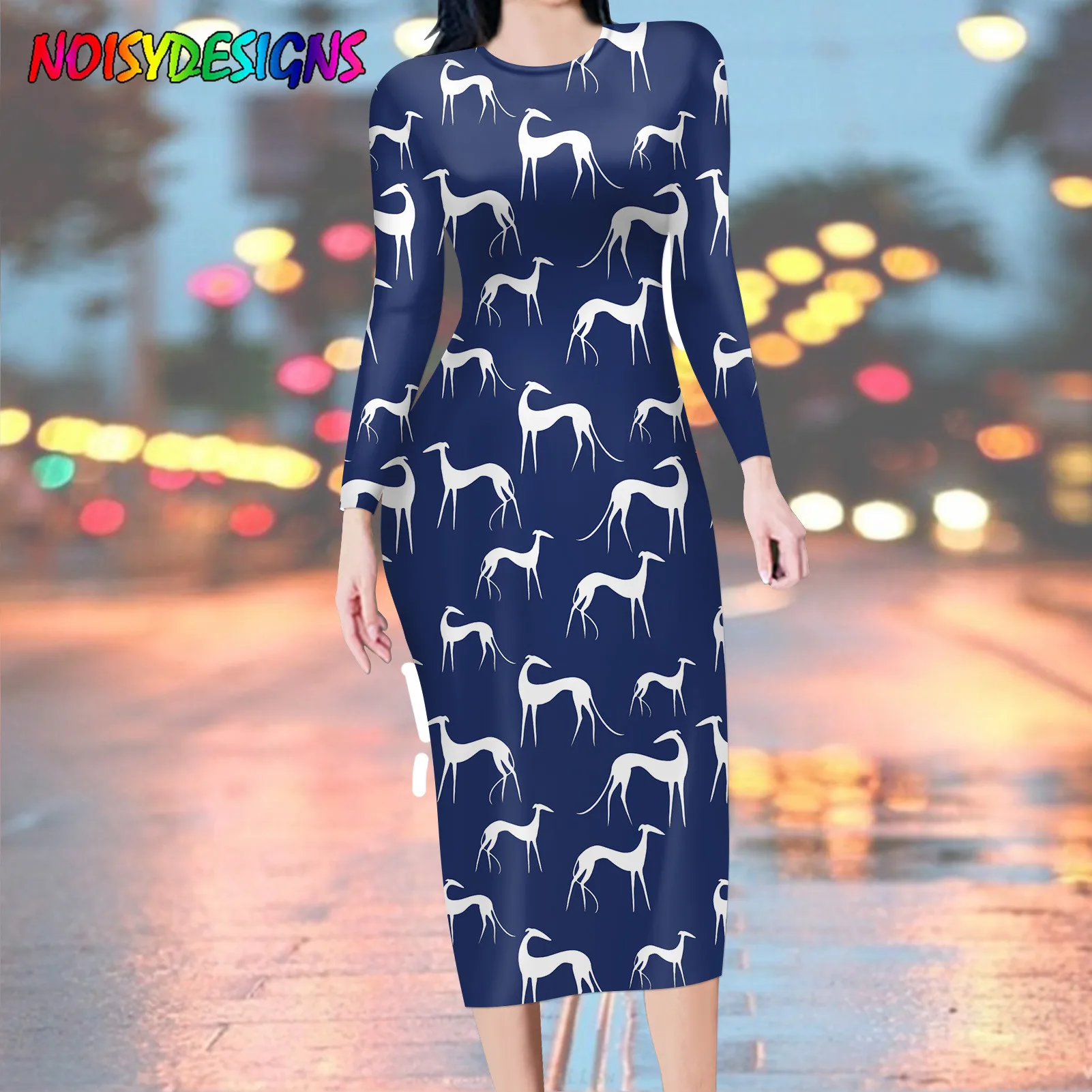 NOISYDESIGNS Women Causal Long Sleeve Pencil Dress Black Greyhound Dog Printing Autumn Spring Party Sundress Kobieta Sukienka