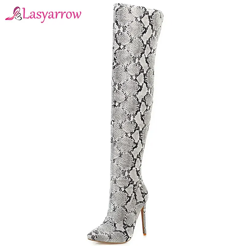 

Lasyarrow Scarpe Animal Print Women Thigh High Boots Sexy Over The Knee Snake Print Prom Botas Mujer Thin High Heel Long Boots