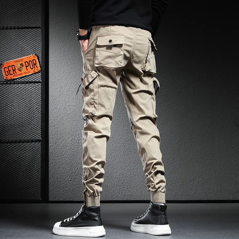 

New Casual Khaki Cargo Pants Men Fashion Streetwear Tactical Multi Pocket Cotton Trousers