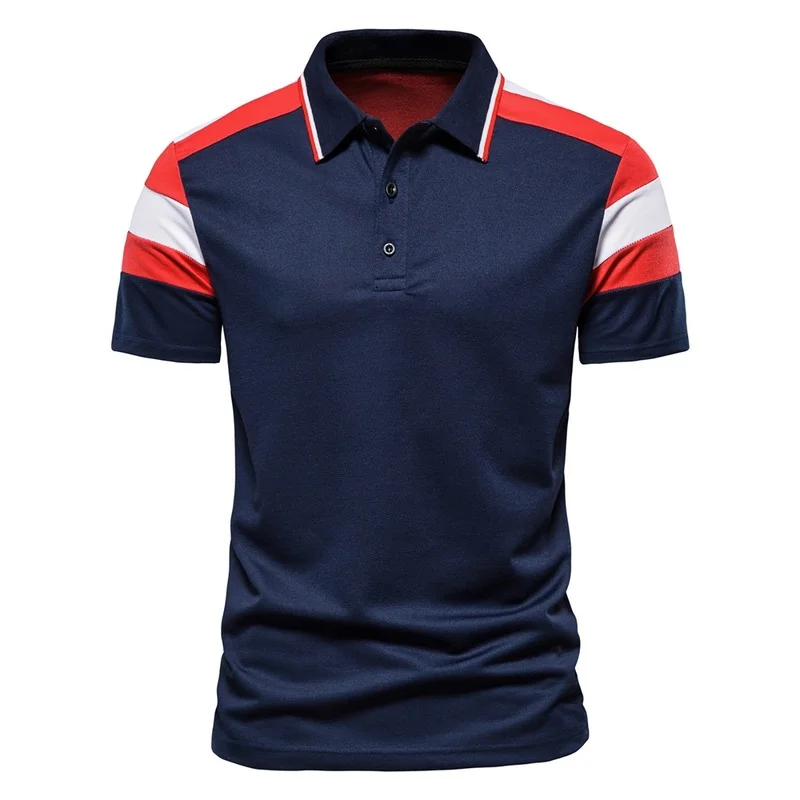 New Men\'s Stitching Color Lapel T Shirt Comfortable and Breathable Short-sleeved Casual Sport European Football Tee