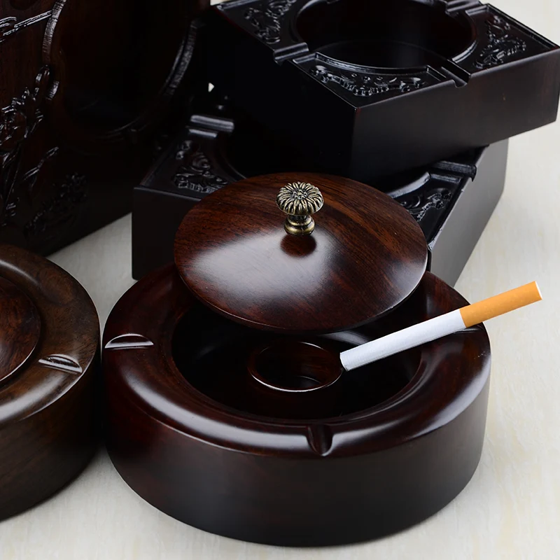 High-end Chinese Ebony Ashtray with Lid Have a slot out smoke Large Creative Wood Living Room Gift Office Q-210