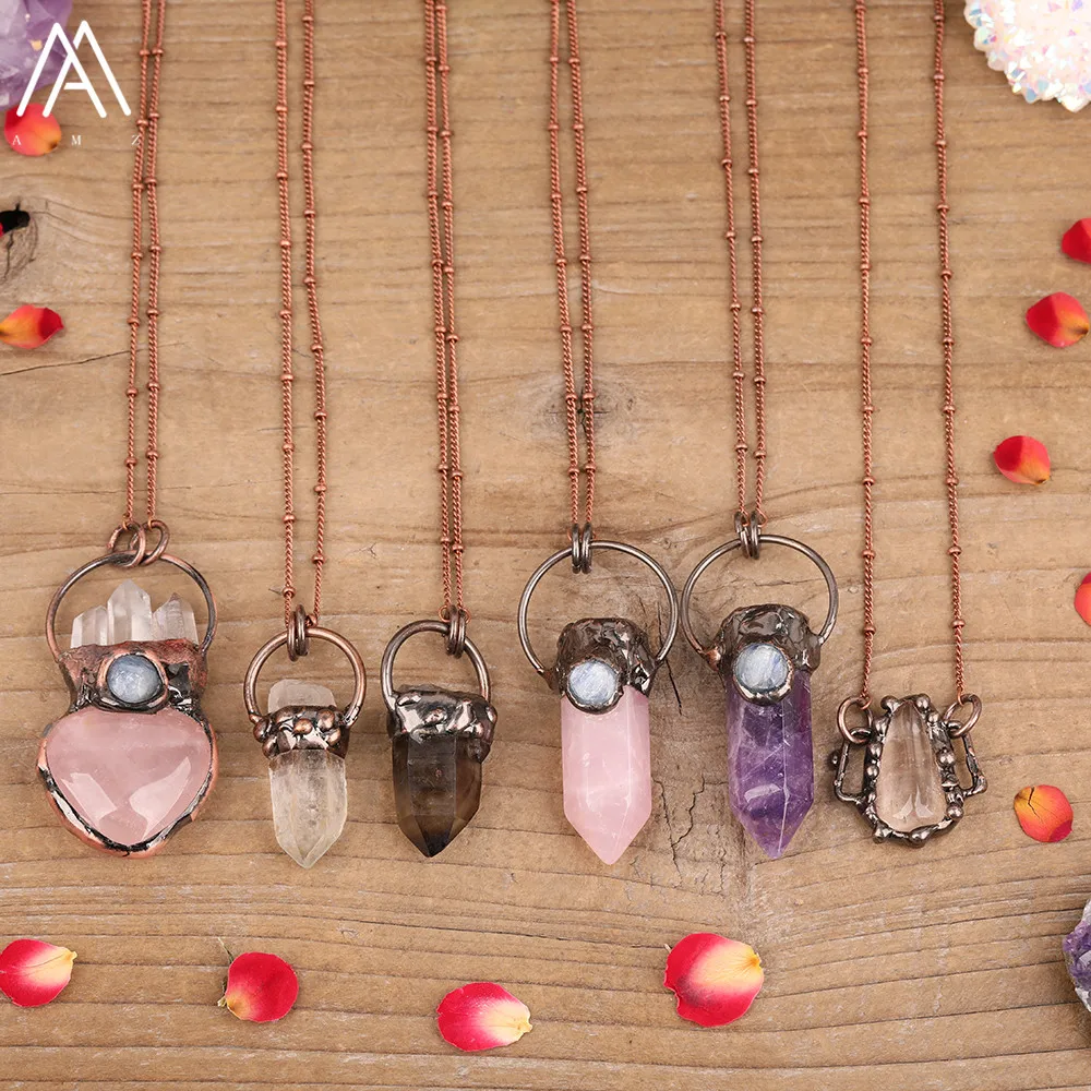 Natural White Pink Quartz Point Beads Pendant Bronze Chains Necklace For Women Druzy Agates Stone Beads Jewelry Dropshipping