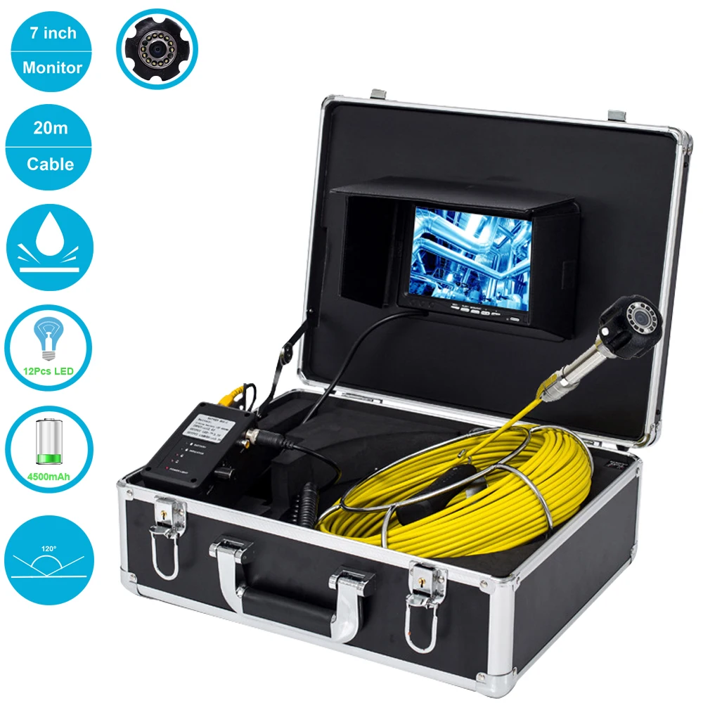 

20m Hot Sale Pipe Sewer Drain Inspection Camera System 7inch LCD Monitor 23mm Endoscope Camera 12pcs LEDS