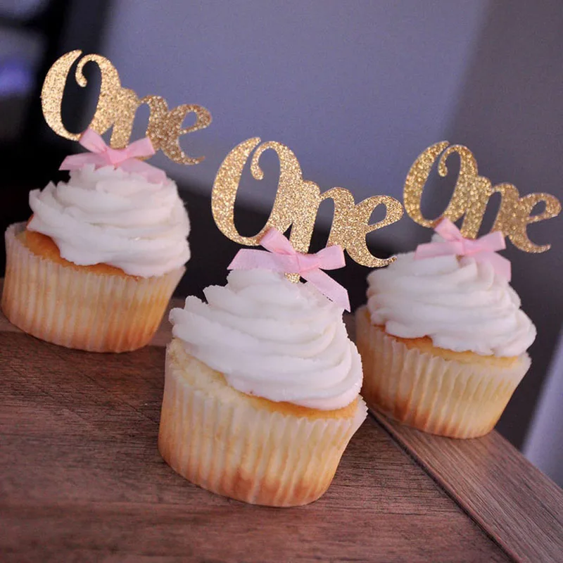 One Cupcake Toppers with Baby Pink Bows Gold First Birthday Decoration Kids Girls Boys Baby Shower Decoration Party Supplies