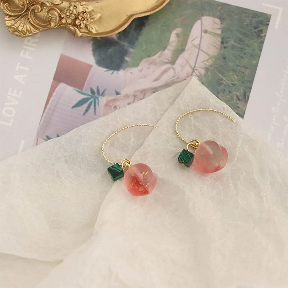 Pink Peach Earrings Trendy Cute Sweet Glaze Orange Women Party Jewelry Korean Fashion Crystal Fruit Dangle Earring Birthday Gift