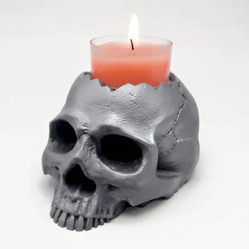 Silicone mold 3d skull candlestick diy concrete resin plaster model making mold Halloween decoration tools