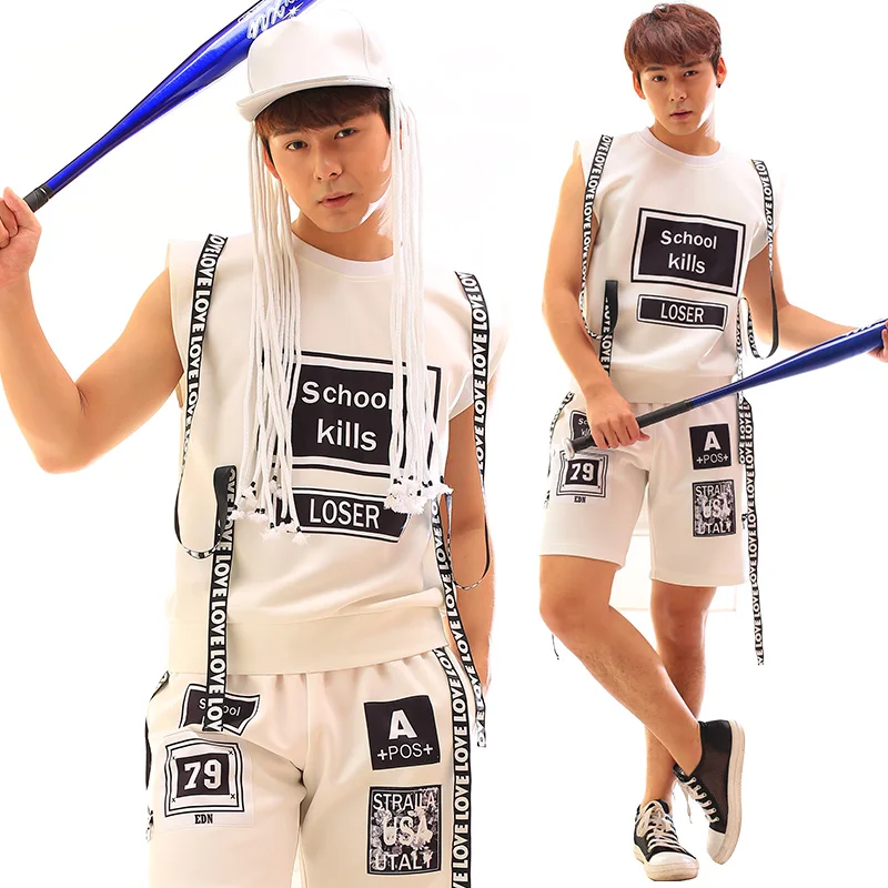 Male singer DJ Quan Zhilong GD with the same paragraph White hip-hop alphabet cloth patch strap vest costume men's suit