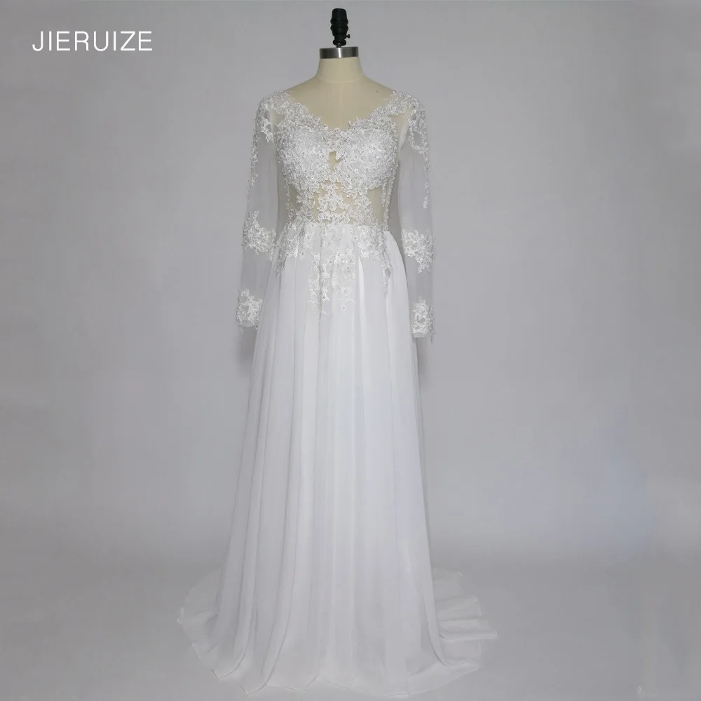 

JIERUIZE Chiffon Lace Appliques Long Sleeves Wedding Dresses Backless A-line Summer Cheap Bridal Gowns Vestido De Novia