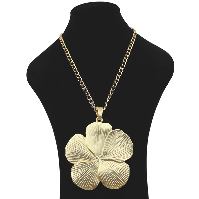 1 x Matt Gold Color Fashion Large Abstract Flower Metal Alloy Jewelry Pendant Necklaces on Long Link Chain Lagenlook 34