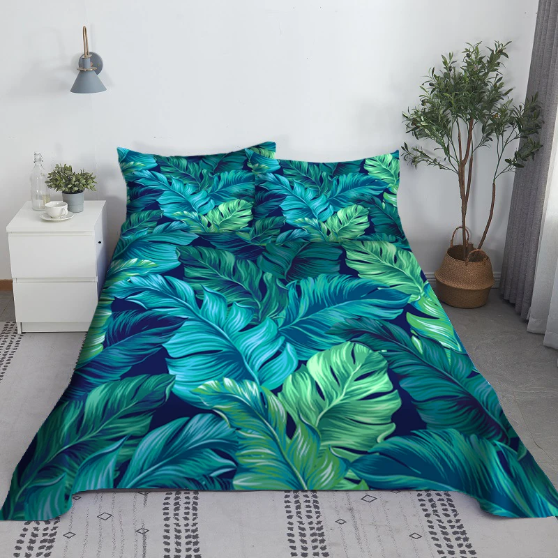 Tropical Scenery Bed Sheet Set Digital Printing Green Leaves Polyester Bed Flat Sheet With Pillowcase Bed Linen King Queen Size