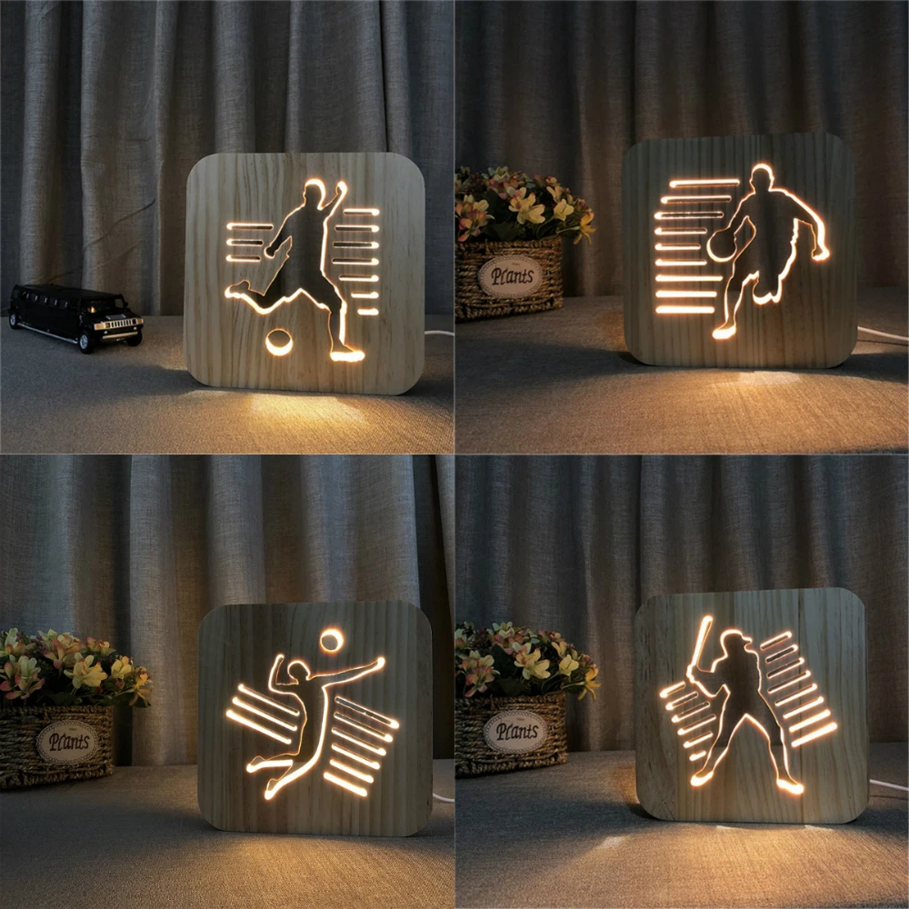 Wooden Sports 3D Night Light DIY Customize Lamp Football Basketball Volleyball Baseball Table Lamp Friends Birthday Trophy Gift