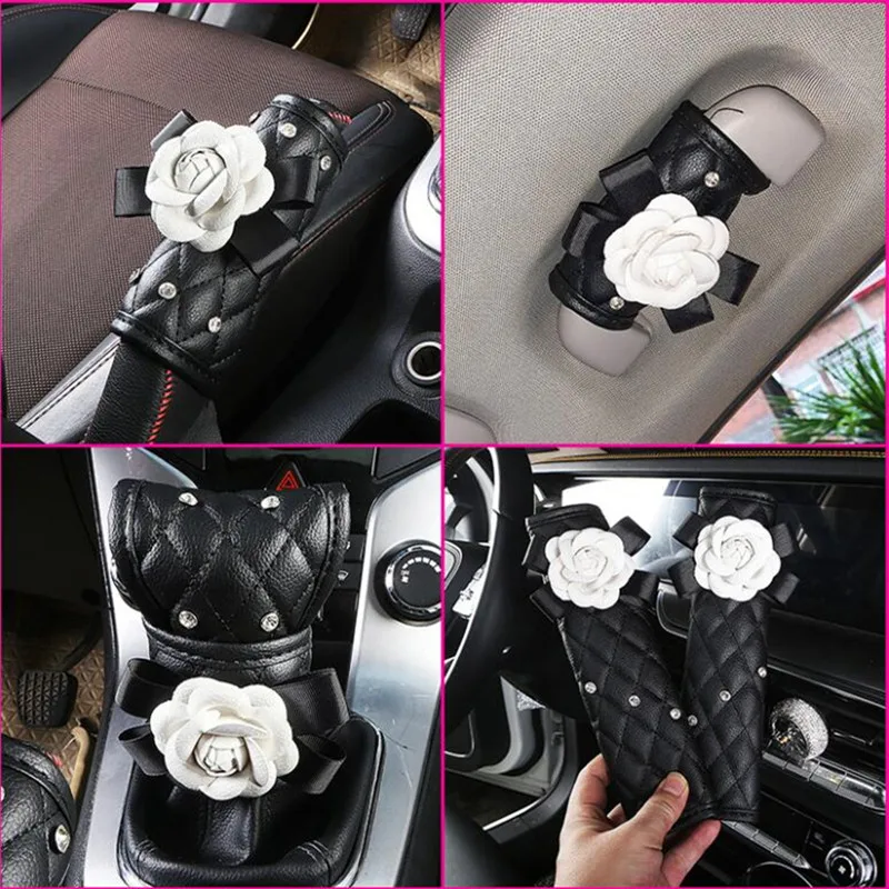 Camellia Flowers Automatic Gear Shift Collars Rearview Mirror Cover Seat Belt Shoulder Cover Handbrake Cover Interior Ornament