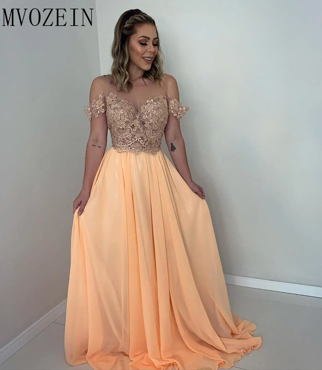 Mvozein Charming Evening Dresses Long Chiffon A-Line Boat Neckline Floor Length Party Gowns Evening Dress 2023 robe de soiree