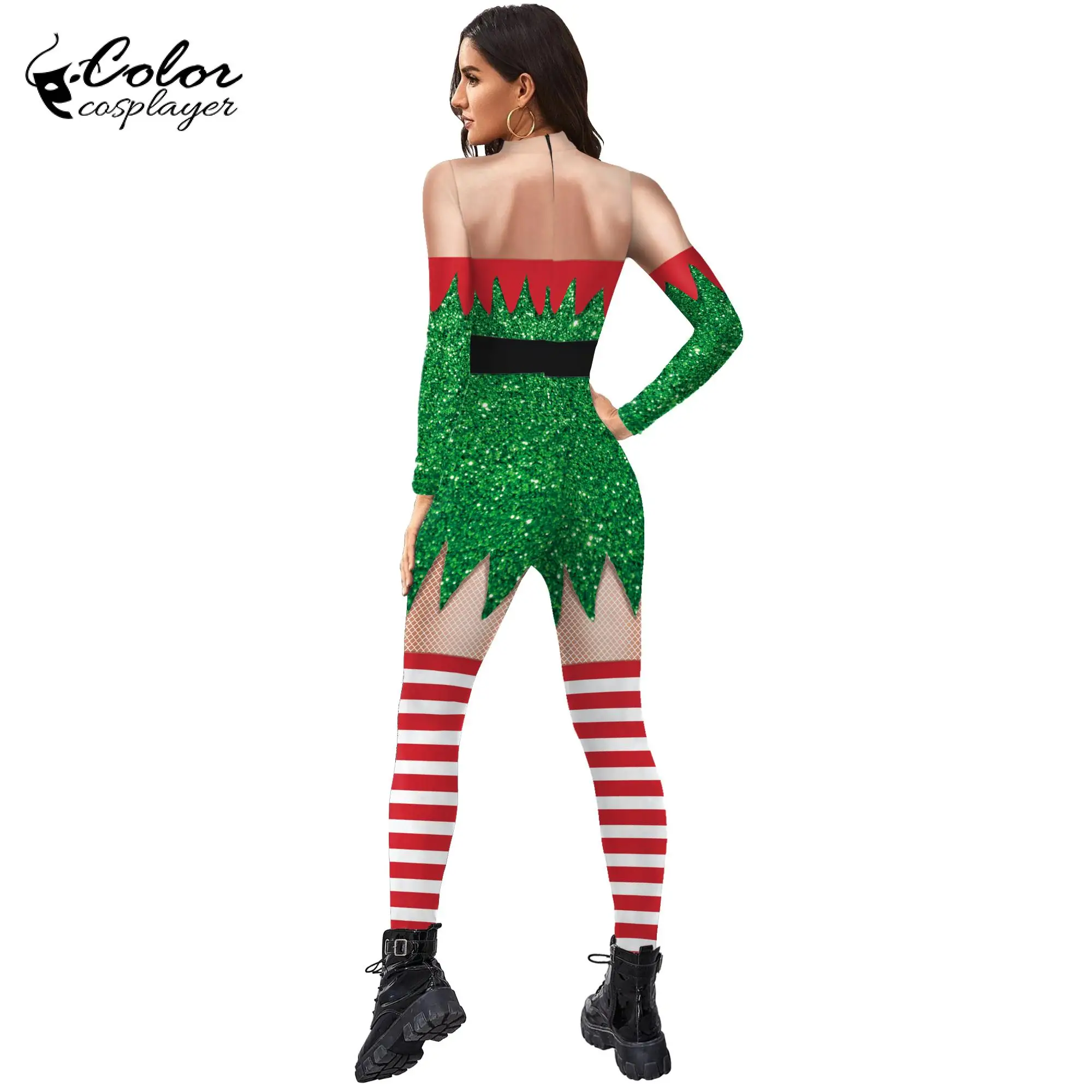 Mono de Navidad con estampado 3D a rayas para mujer, traje de Cosplay de Color, mono elástico Zentai, Catsuits de manga larga Sexy