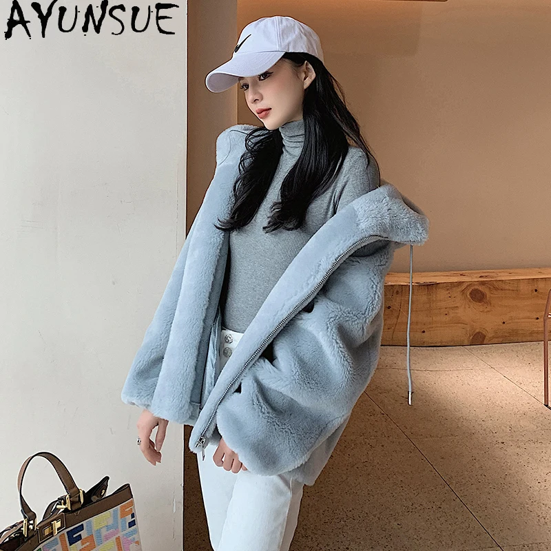 AYUNSUE Real Sheep Shearling Fur Coat Female Winter 2021 Hooded Wool Coat Women Warm Thick Jackets Casual Casaco Feminino Gxy196