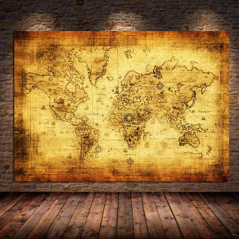 Vintage wereldkaart canvas schilderij posters en prints oude kaart oude retro kaart kunst aan de muur voor woonkamer huisdecoratie ingelijst