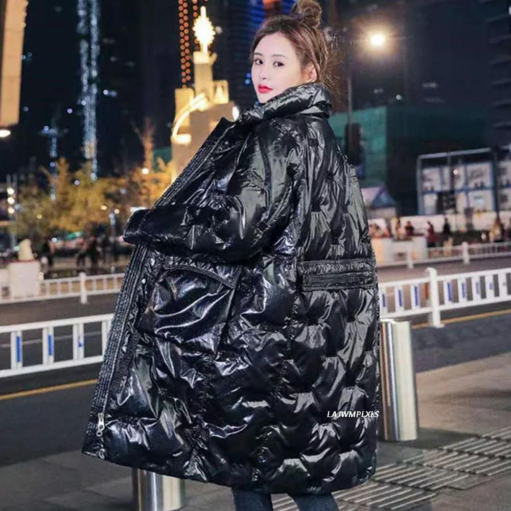 Glossy patent fabric down coats Winter Luxurious quality glossy down coat female Stand-up collar  thicker warm down coat