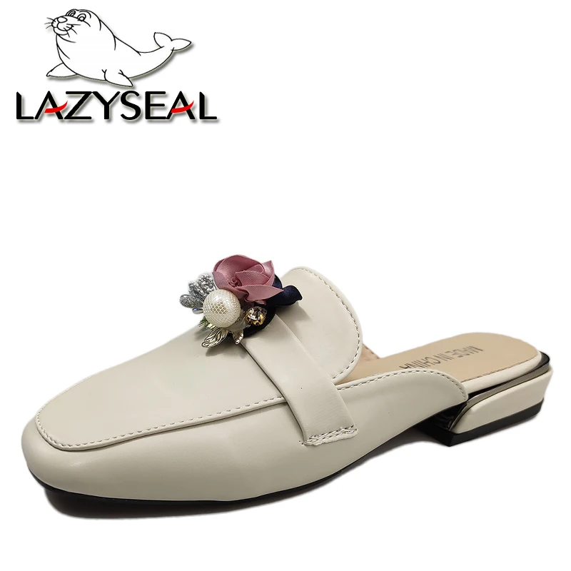 LazySeal Pearl Flowers Slippers Women Shoes 2020 Rose Mules Square Toe 2.5cm Heels Half Slippers Sexy Ladies Slides Plus 43