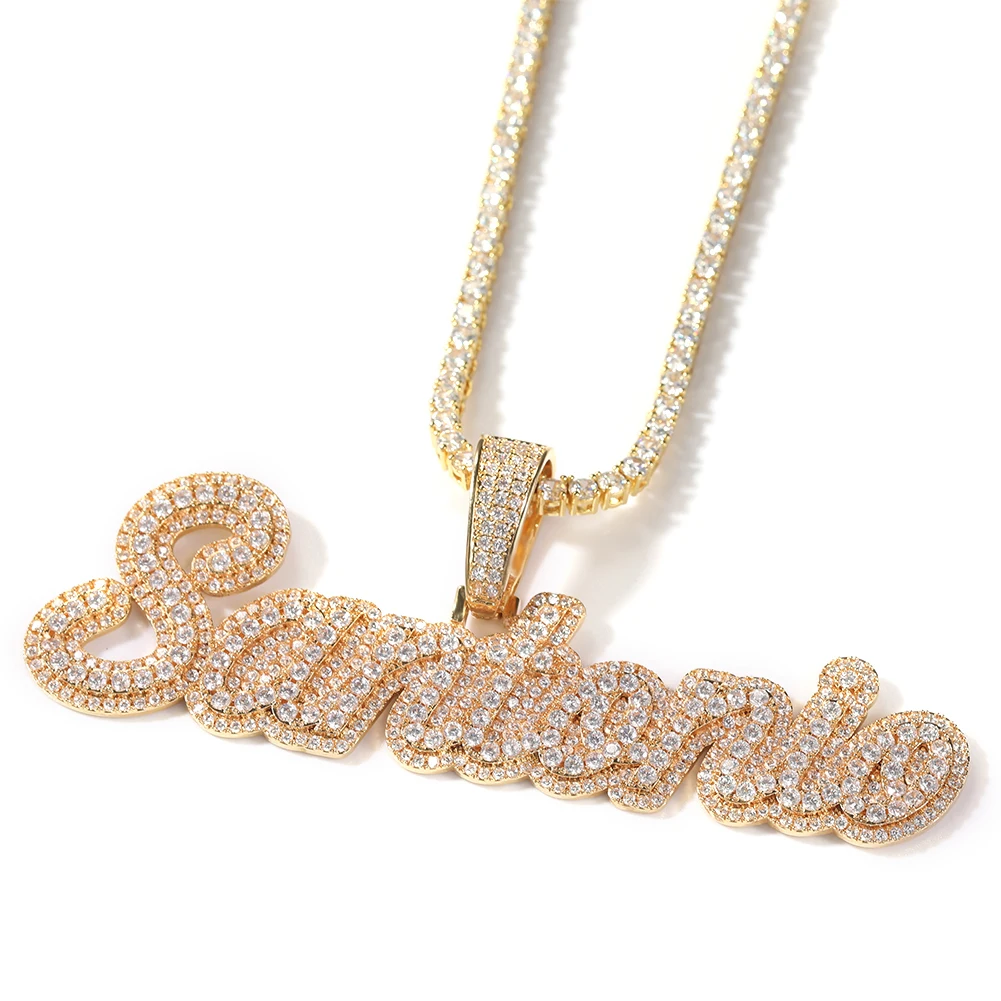 Uwin Csutom Cursive Letter With Baguette Chain Iced Out Name Necklace Chain Cubic Zirconia Fashion Hiphop Jewelry