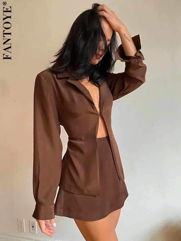 Fantoye Turn-Down Kraag Knop Vrouwen Tweedelige Set Brown Lange Mouwen Top Hoge Taille Rok Vrouwen Herfst Sexy slim Office Outfits