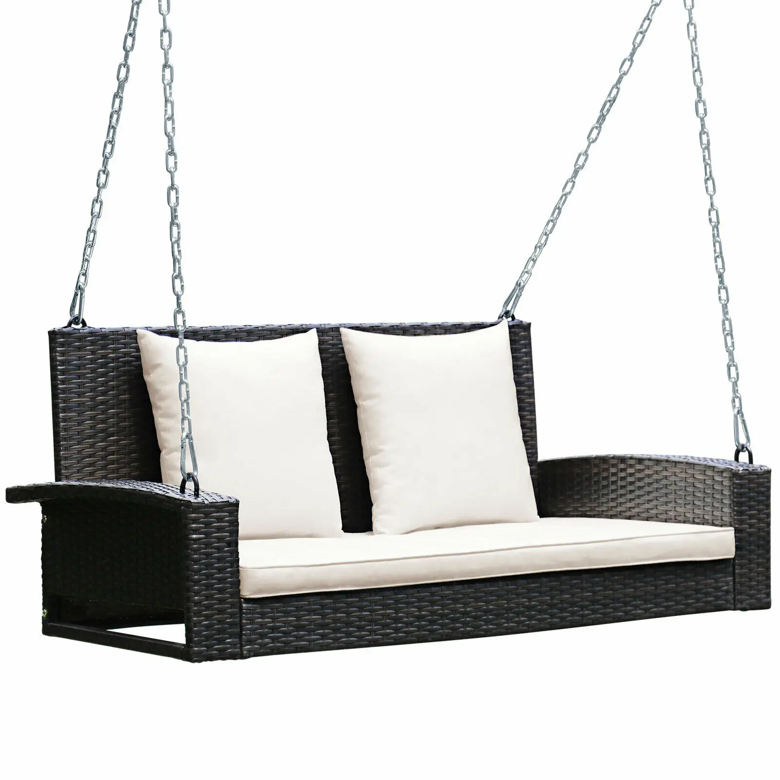 Patiojoy 2-Person Patio Rattan Hanging Porch Swing Bench Chair Cushion