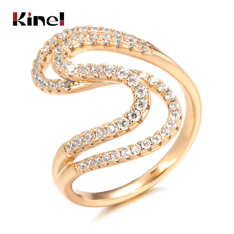 Kinel New Arrivals 585 Rose Gold Ring Geometric Wave Natural Zircon Finger Rings for Women Wedding Fashion Jewelry Crystal Gift