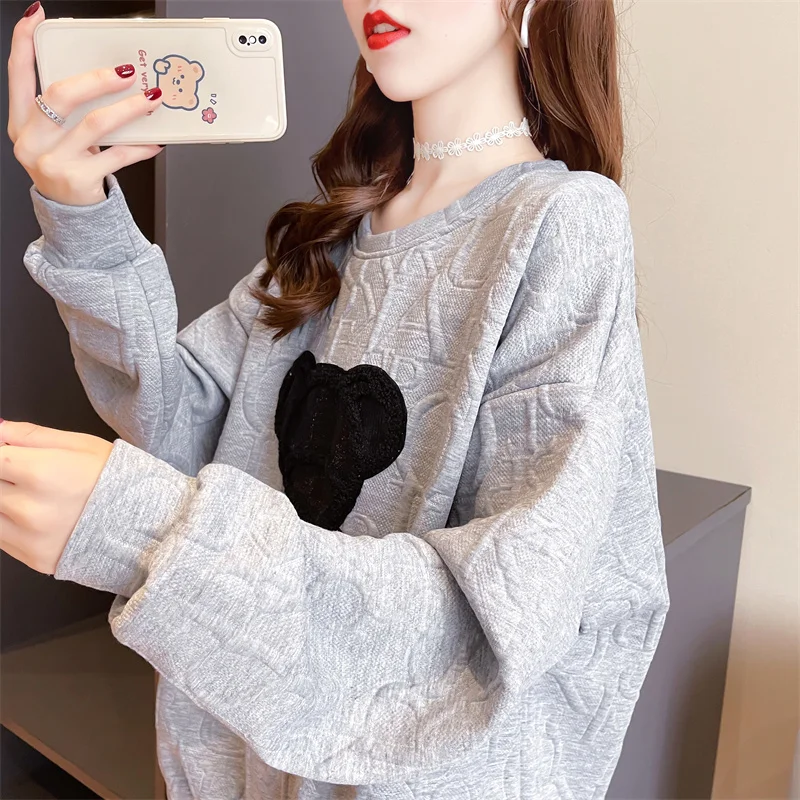 Women\'s Sweatshirts Harajuku Couples Overszie Letter Jacquard O-neck Pullovers Long Sleeve Loose Autumn Spring Bear Streetwear