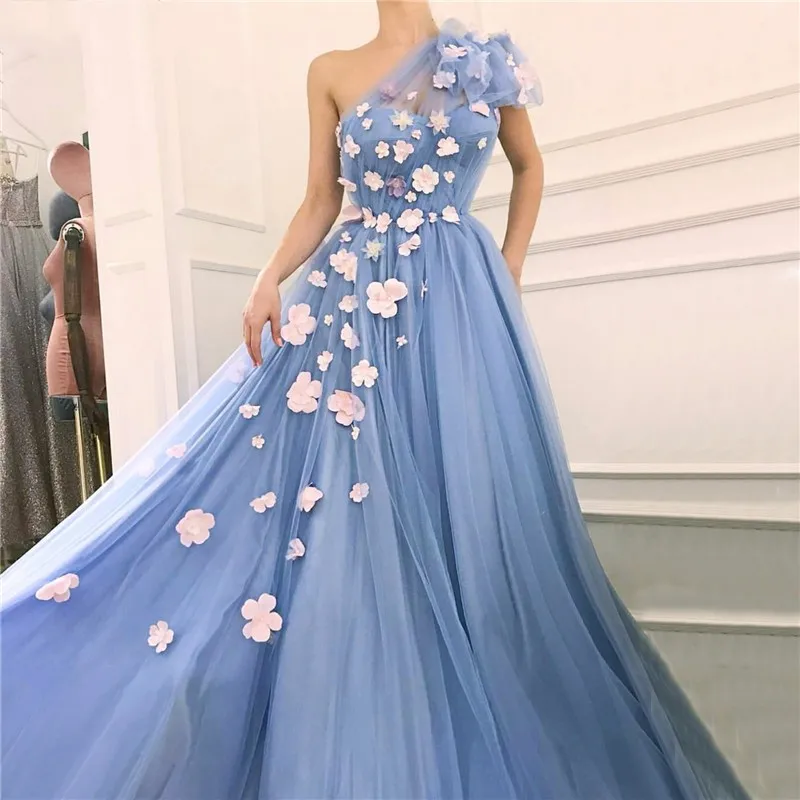 Nuovo Ghiaccio Blu Abiti Da Sera 2021 Una Spalla 3D Fiori Perle di Tulle Graduazione Del Partito Lungo di Promenade Abiti vestidos de noiva